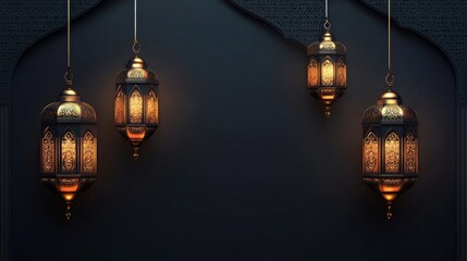 Obraz premium Elegant Ramadan Lanterns: Ornate Hanging Lamps Illuminating a Dark Background