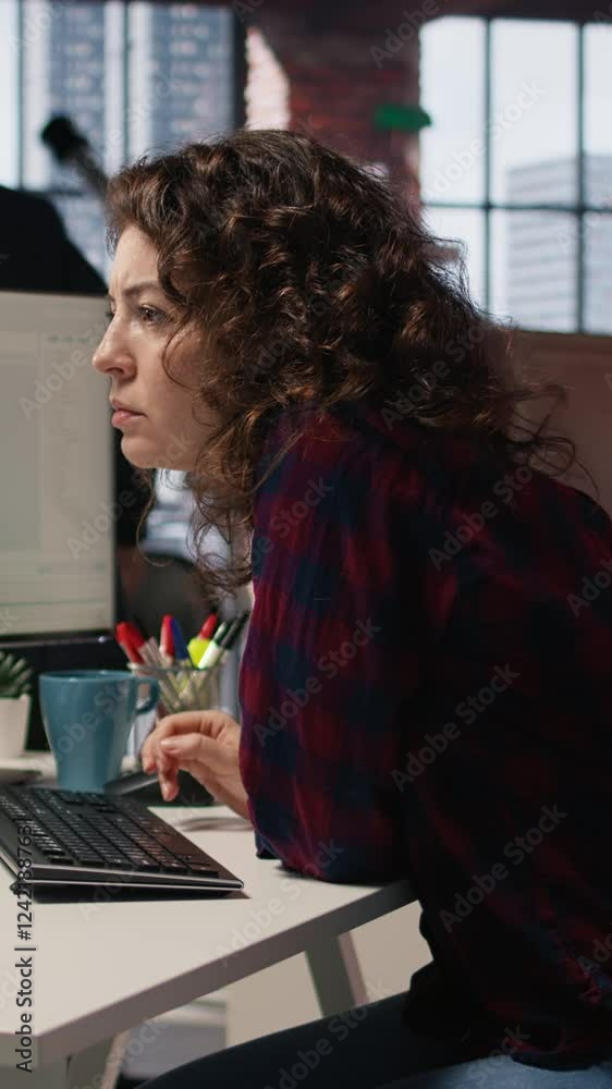 Poster vertical video happy employee using programming languages on pc in it startup office to build applic