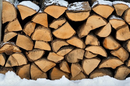 Stack of firewood logs covered with snow.
