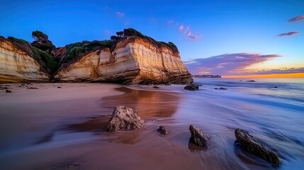 Naklejka premium Serene Coastal Landscape with Cliffs and Gentle Waves at Sunset