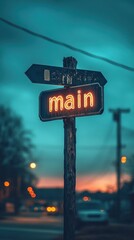 Obraz premium Street Sign with Neon Light in a Dramatic Twilight Urban Setting Featuring a 