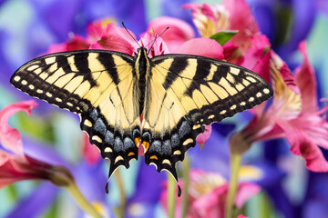 USA, Washington State, Sammamish. Eastern tiger swallowtail buttery on Peruvian lily, Alstroemeria and backdrop blue Dutch iris