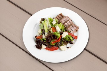 Tasty fresh restaurant dish food on desk