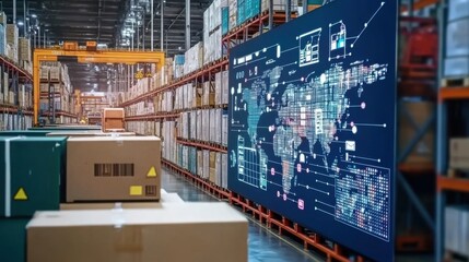 A supply chain logistics planning flowchart visualized on a large corporate screen.