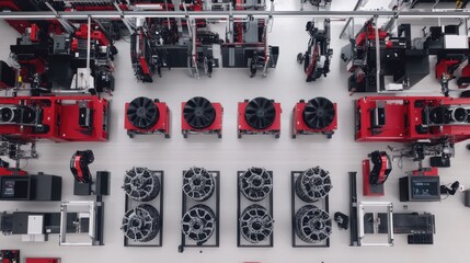 A top-down view of an advanced D printing setup in an industrial facility, printing mechanical parts.