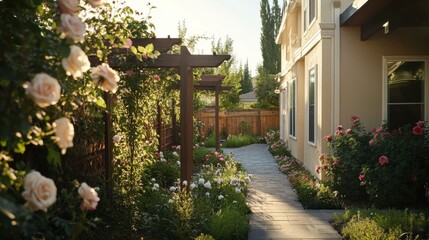 Fototapeta premium A well-kept flower garden with a wooden trellis covered in climbing roses and ivy.