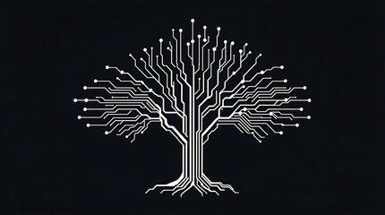 Naklejka premium Digital Technology Tree Circuit Board Design Pattern on Black Background - Modern Tech and Nature Fusion Concept