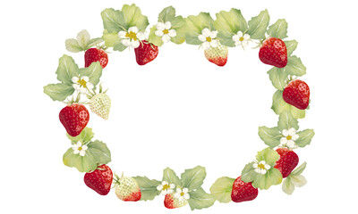 水彩で描いた苺のリース（囲いフレーム）