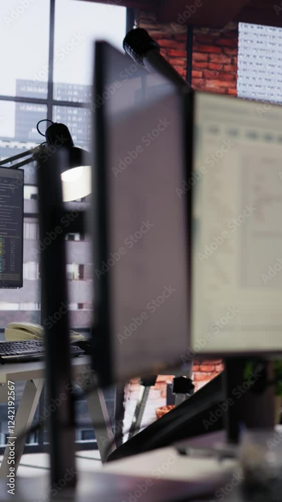 Poster vertical video pc in empty it startup office displaying programming languages used for building appl