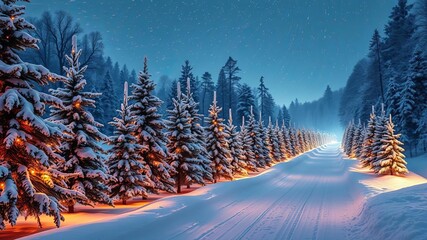 Fototapeta premium Enchanted Christmas trees in snowy tunnel with warm glowing lights creating magical winter wonderland, winter wonderland, glowing, picturesque