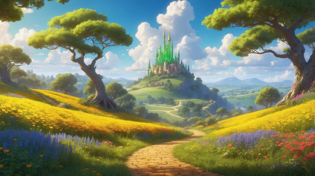 Wizard of Oz-inspired landscape image with a winding golden brick road, lush greenery, and a glowing Emerald City in the distance. Ideal for fantasy or children’s book illustrations.
