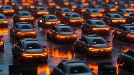 Fototapeta premium Futuristic Scene with Rows of Cars Illuminated by Orange Lights