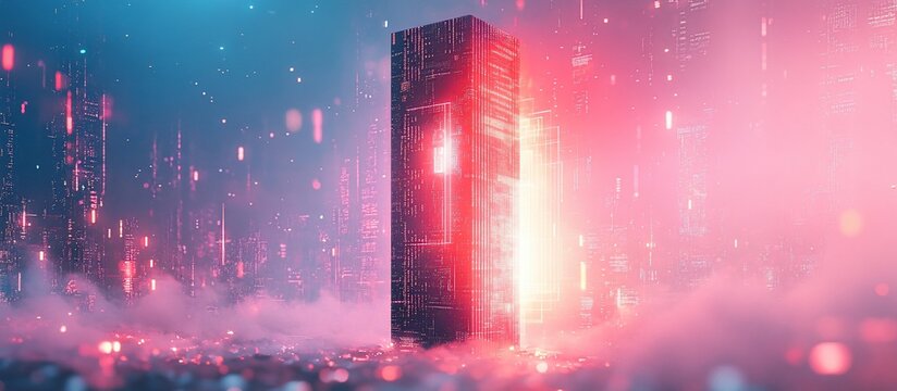 Futuristic digital monolith glowing in a vibrant cyber landscape with mist and data streams