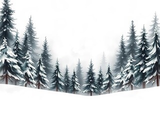 Obraz premium Hand painted watercolor winter banner with pine and spruce trees on white background, snowy forest landscape with mist in neutral grey colors, Christmas card, snowy forest, Christmas card, banner