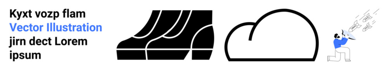 Shoes in abstract style, minimalist cloud outline, person blowing stylized smoke. Ideal for creativity, branding, innovation, simplicity, modern design, technology flat landing page banner