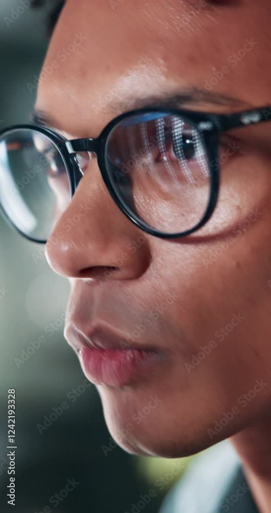 Leinwandbilder Programmer, man and coding with glasses on computer for app development, data analysis and system update. Night reflection, closeup and focus on UI maintenance, problem solving and program testing