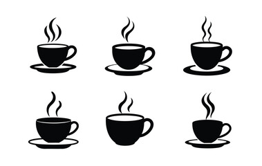 Six simple, black silhouette icons of coffee cups and saucers, with rising steam.