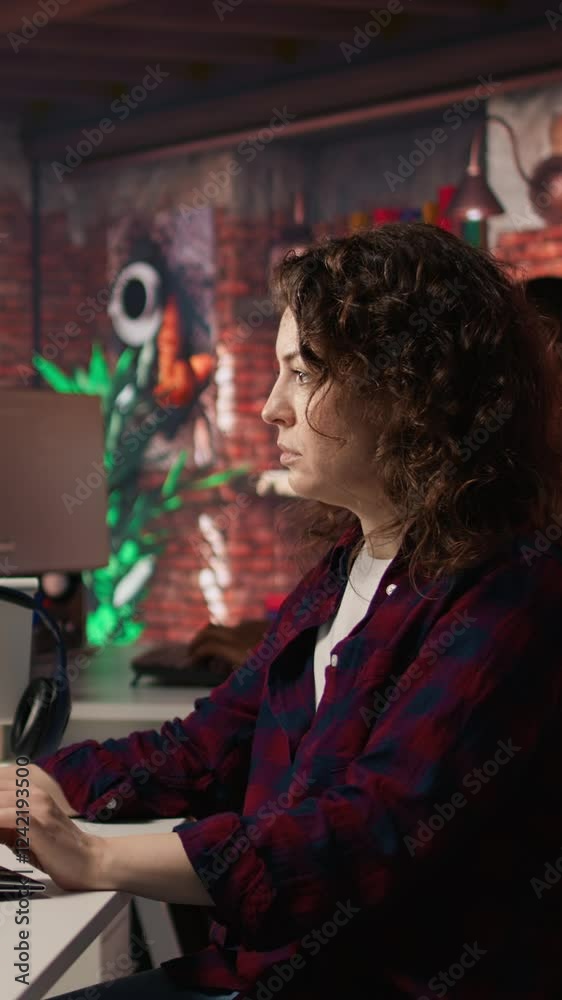 Poster vertical video smiling woman using programming languages on pc in it startup office to build applica