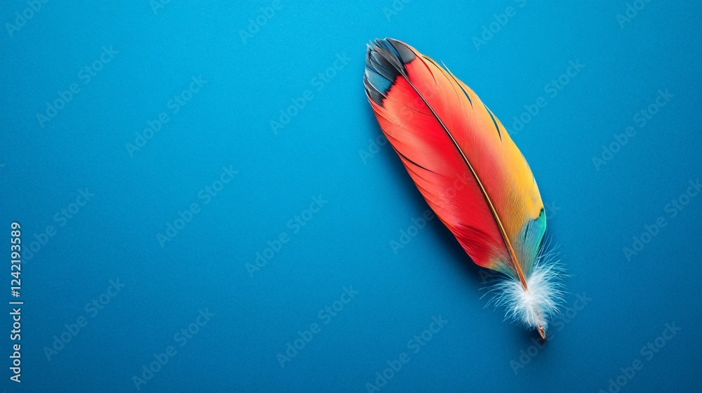 Poster single colorful feather is lying on a blue background with copy space