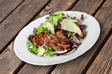 Tasty fresh restaurant dish food on desk