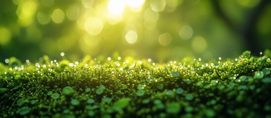 Obraz premium Lush green moss covered with morning dew, illuminated by soft sunlight in a serene forest setting