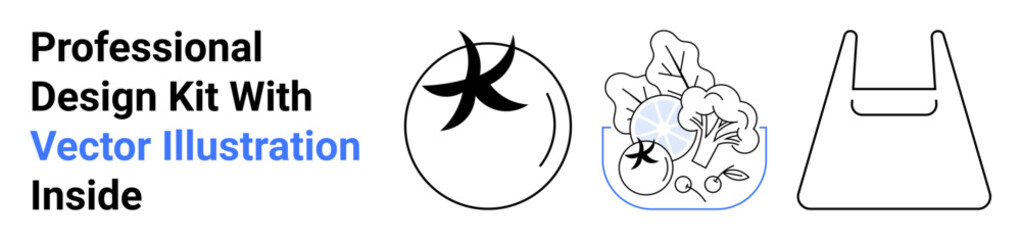 Black and white elements of organic compost, vegetable waste, and reusable bag. Ideal for ecological campaigns, recycling programs, zero-waste, food sustainability, environmental care, eco-friendly