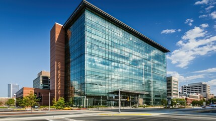 Modern glass and brick office building on city street.