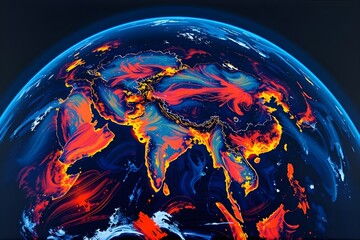 Neon planet Earth with marked places of growing market. Economy, finance Concept, 3D rendering illustration
