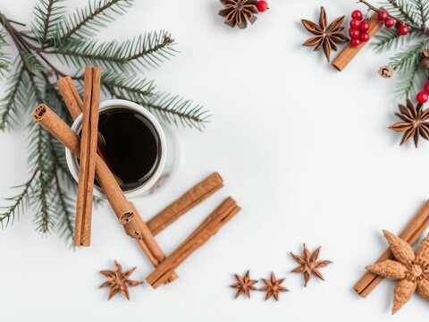 Christmas composition featuring a cup of coffee surrounded by larch branches, cinnamon sticks, anise stars on a festive background in a flat lay top view, sticks, cup, Christmas