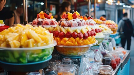 Fototapeta premium Delicious fruit shaved ice desserts at a vibrant street food stall display