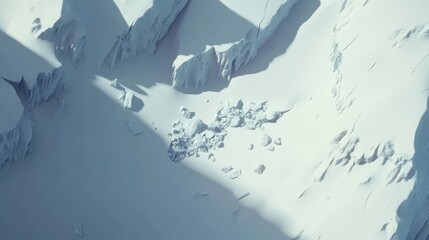 Aerial View of Snowy Mountain Landscape with Glacier Fragmentation