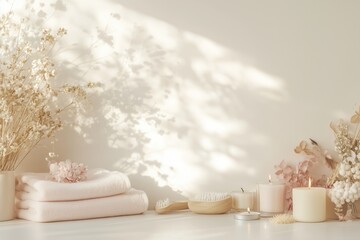 Conjunto de itens de spa com toalhas, velas e elementos decorativos em tons neutros, capturados com luz natural suave, criado com IA generativa.