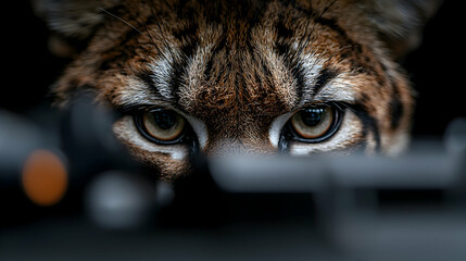 Obraz premium Lynx eyes peering over dark object, wildlife close-up, nature background