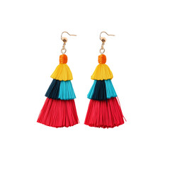 Colorful tassel earrings featuring a vibrant design with layers of red, blue, yellow, and black tassels.