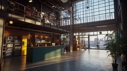 Modern industrial office interior with high ceilings, large windows, and city view.
