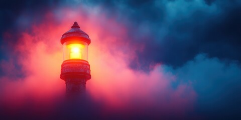 Lighthouse Illuminating Through a Mystical Fog with Vibrant Red and Blue Hues Surrounding the Tower in a Captivating Atmospheric Setting
