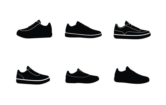 Six different sneaker silhouettes presented in a simple, bold black and white design.