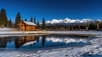 Fototapeta premium Serene Winter Landscape with Cabin and Snow-Capped Mountains