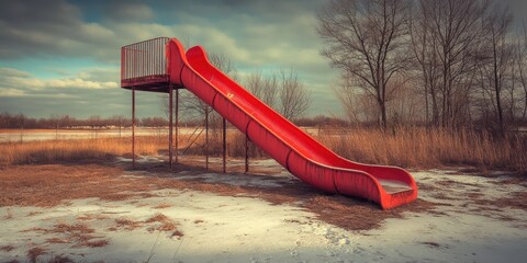 A Lonely Red Slide in an Abandoned Playground Surrounded by Winter's Crisp Embrace and Bare Trees Under a Cloudy Sky, Capturing the Essence of Transition from Autumn to Winter