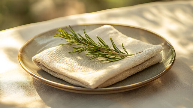 A sprig of rosemary rests on a folded linen napkin placed on a plate, bathed in sunlight.