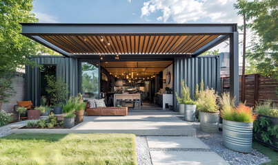 Industrial-Chic Container Home with Corrugated Metal Design, Blending Modern Style and Functionality