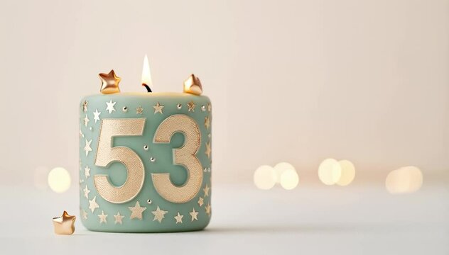 A Brightly Lit Decorative Birthday Candle with Stars and Number Fifty-Three, Perfect for Celebrating Milestone Birthdays in a Soft, Elegant Setting