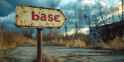 A weathered and rusty directional sign pointing towards an abandoned area with overgrown vegetation and derelict buildings, evoking a sense of desolation and decay.