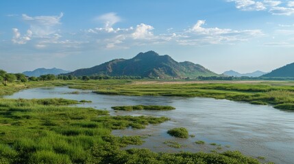 River flows through a lush green landscape with mountains in the background under a blue sky