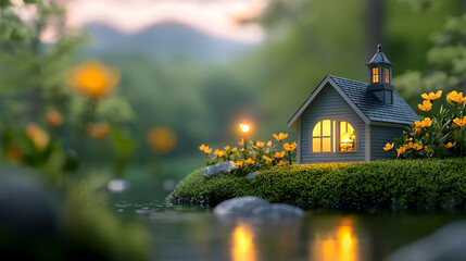Miniature church glows at dusk, tranquil river scene