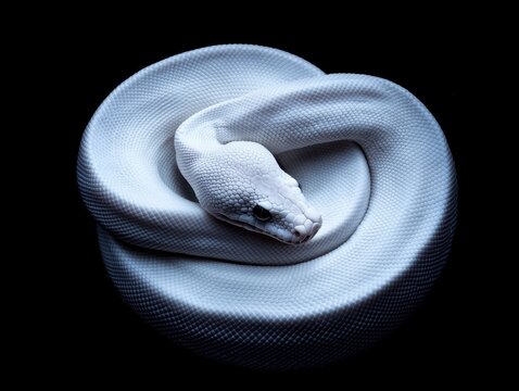 Ethereal Coil: A mesmerizing albino ball python is coiled gracefully against a stark, black backdrop, its pearlescent scales shimmering in the soft light, showcasing its sinuous form.