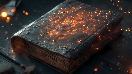 Ancient tome bound in worn leather, adorned with glowing sparks , mystic, leather. Worn & Weathered Look. Illustration