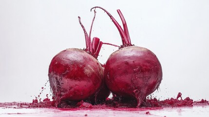 Beetroot Burst: Three vibrant red beetroots, glistening with moisture, sit nestled together on a white surface, their vibrant hues creating a striking visual impact.