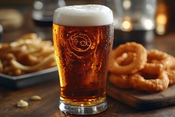 Cold beer with fries and onion rings. Pub food