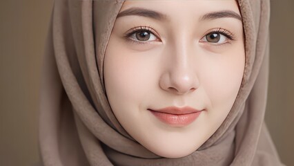 Beautiful Young Muslim Woman in Taupe Hijab - Stock Photo, Portrait, Headshot, Asian, Woman, Fashion, Islamic, Religious, Culture, Elegance